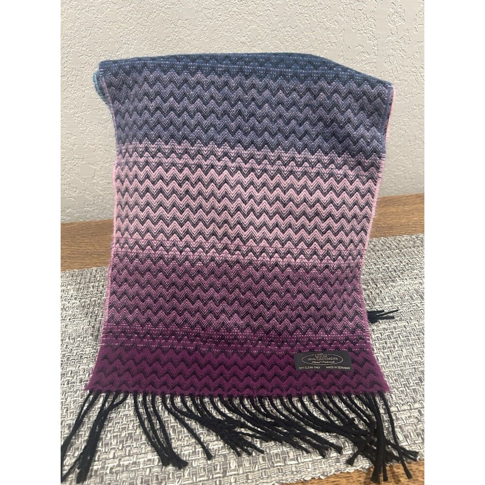 Vintage Hand Made 100% Cashmere Scarf Made In Germany Chevron Blue Pink Purple